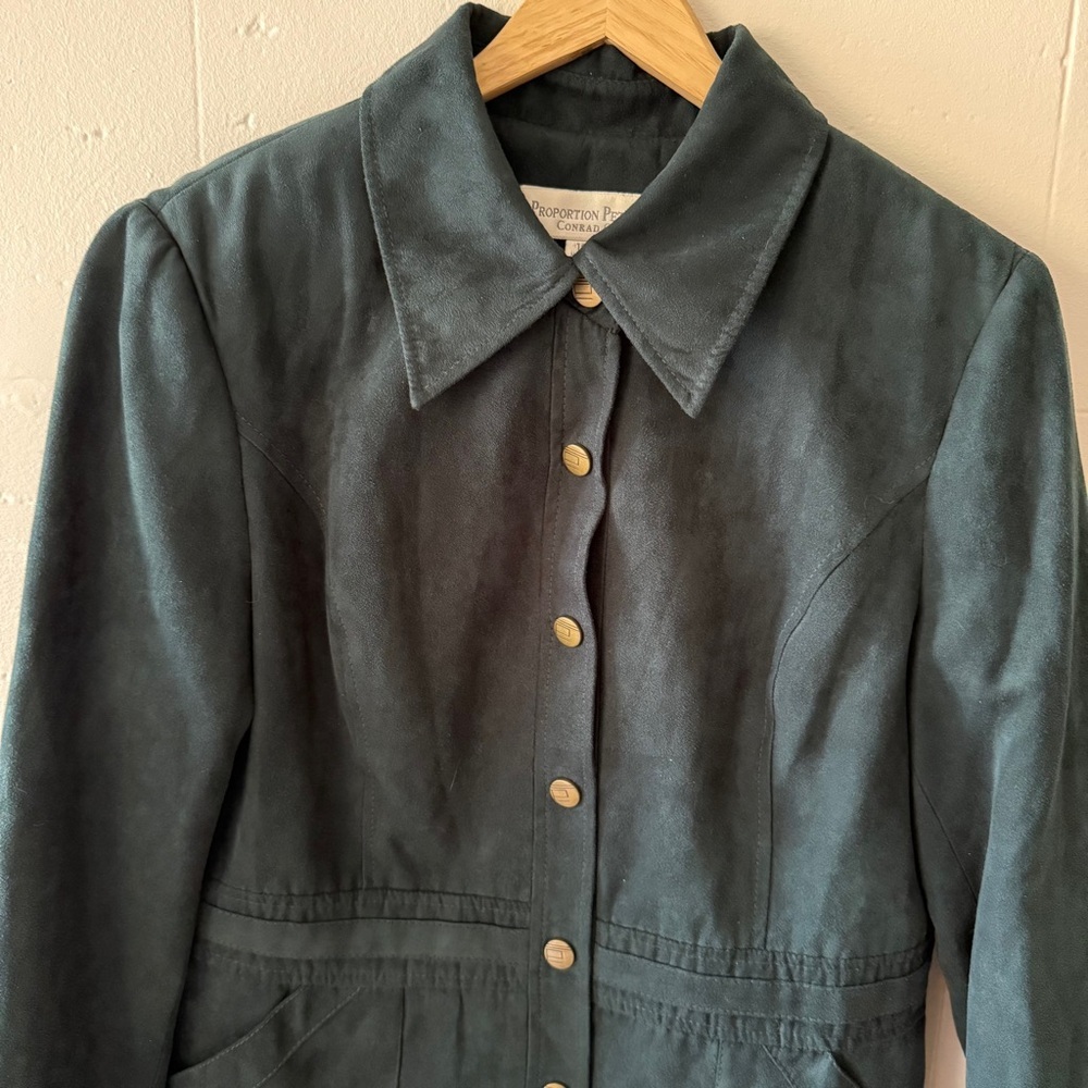 90s | Dark Green Faux Suede Jacket Academia Spring Classic | Size Medium - Picture 4 of 10